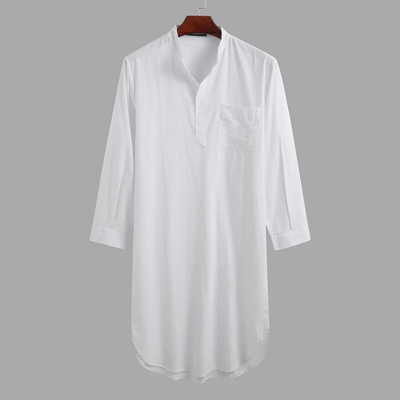 Men’s Button-Down Sleep Robe | Stand Collar, Long Sleeve Nightgown M-3XL
