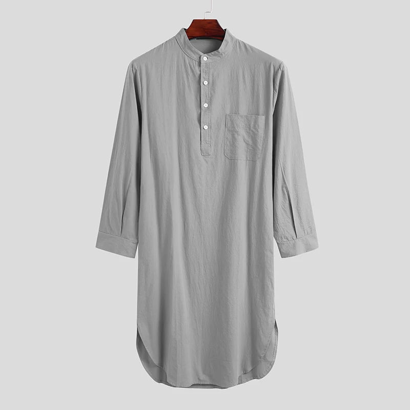 Men’s Button-Down Sleep Robe | Stand Collar, Long Sleeve Nightgown M-3XL