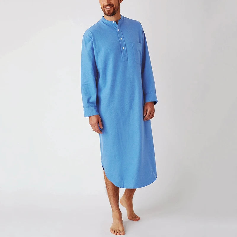 Men’s Button-Down Sleep Robe | Stand Collar, Long Sleeve Nightgown M-3XL
