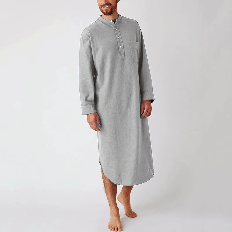 Men’s Button-Down Sleep Robe | Stand Collar, Long Sleeve Nightgown M-3XL