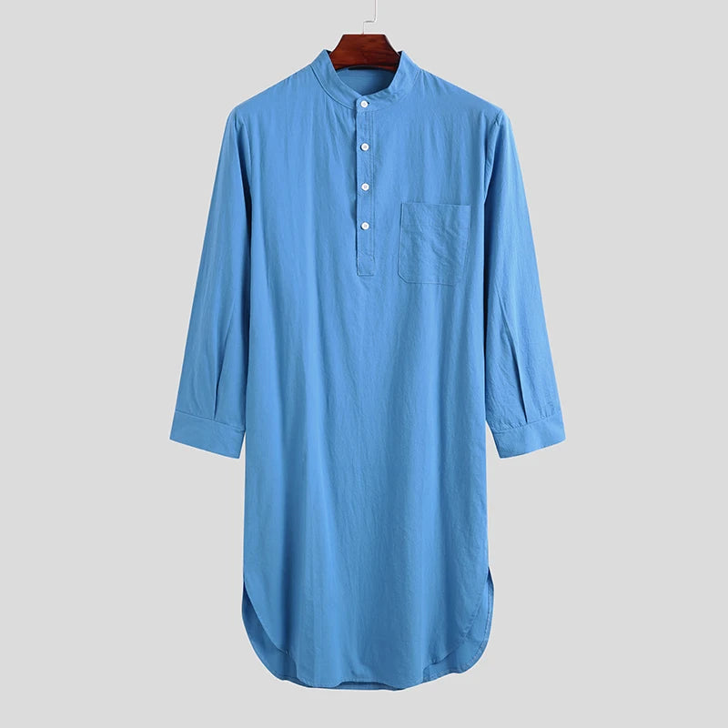 Men’s Button-Down Sleep Robe | Stand Collar, Long Sleeve Nightgown M-3XL