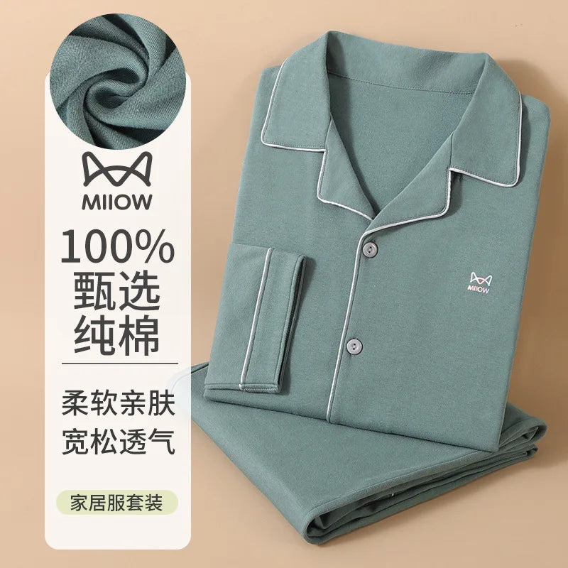 Men’s Cotton Pajamas Set | Long-Sleeve Loungewear for Spring & Autumn