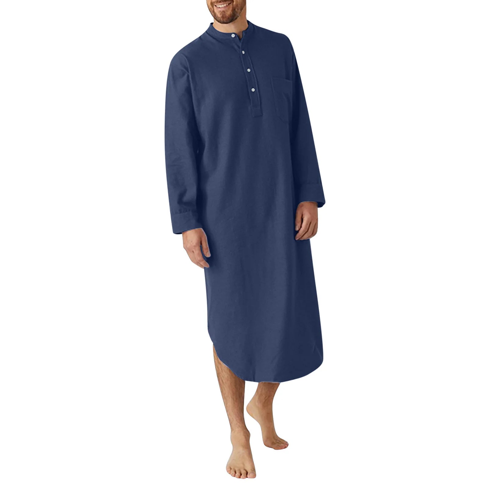 Men’s Button-Down Sleep Robe | Stand Collar, Long Sleeve Nightgown M-3XL