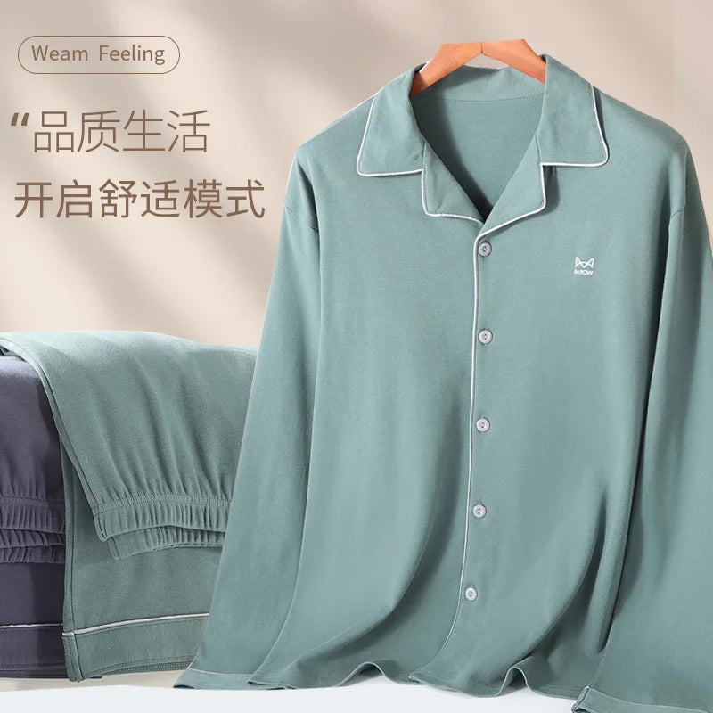 Men’s Cotton Pajamas Set | Long-Sleeve Loungewear for Spring & Autumn