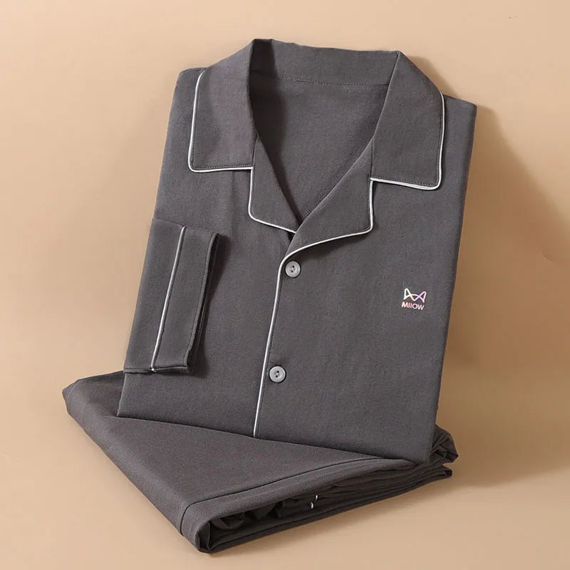 Men’s Cotton Pajamas Set | Long-Sleeve Loungewear for Spring & Autumn