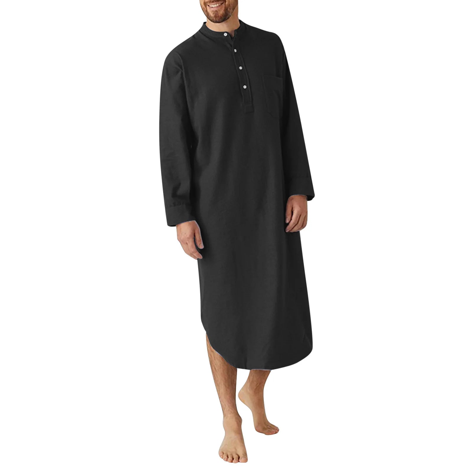 Men’s Button-Down Sleep Robe | Stand Collar, Long Sleeve Nightgown M-3XL