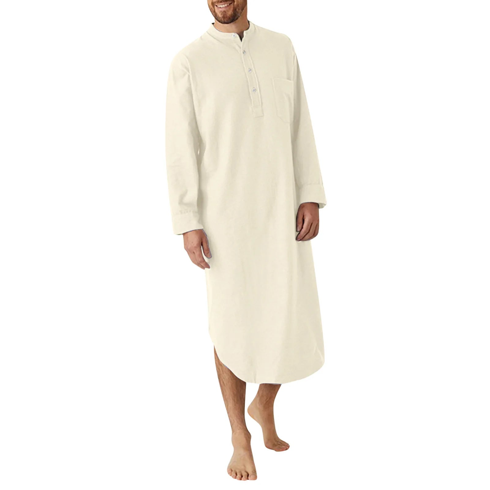 Men’s Button-Down Sleep Robe | Stand Collar, Long Sleeve Nightgown M-3XL